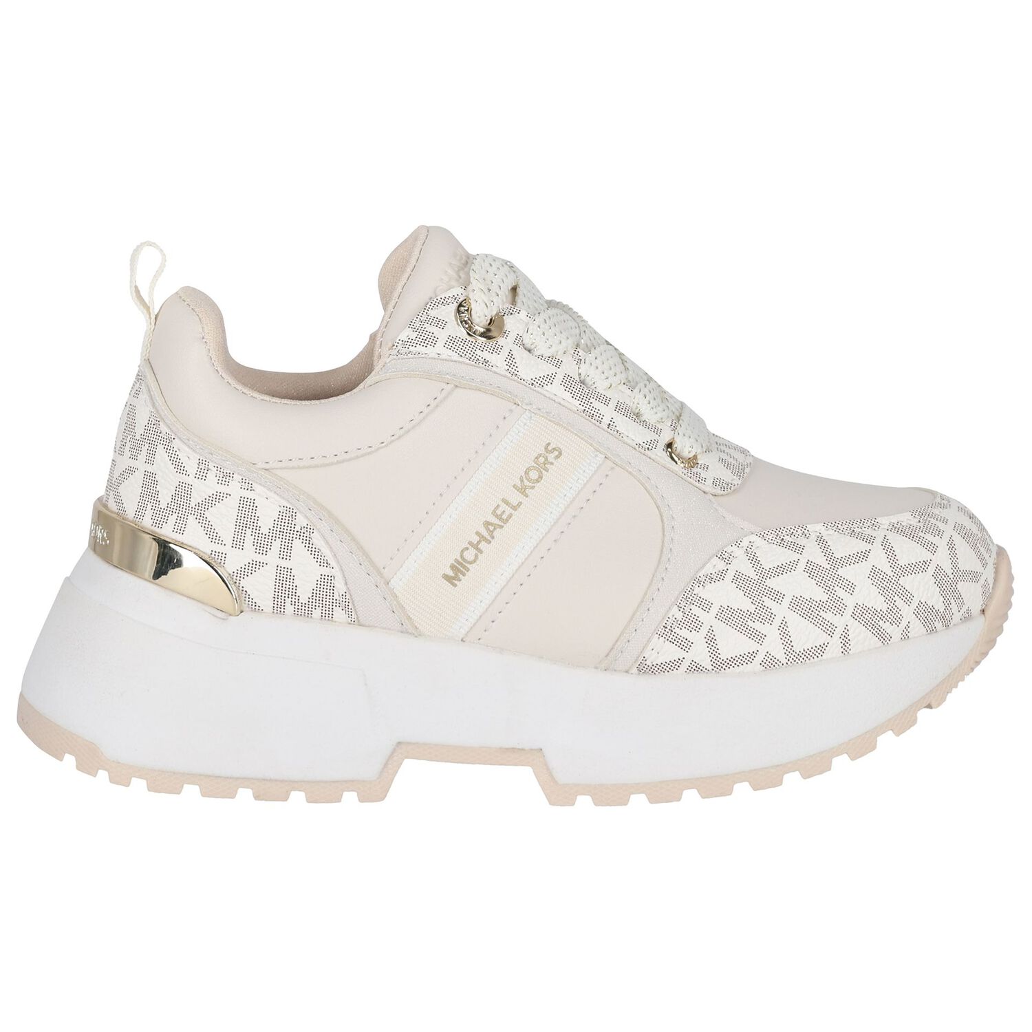 Girls Ivory & Gold Logo Trainers, 1, hi-res