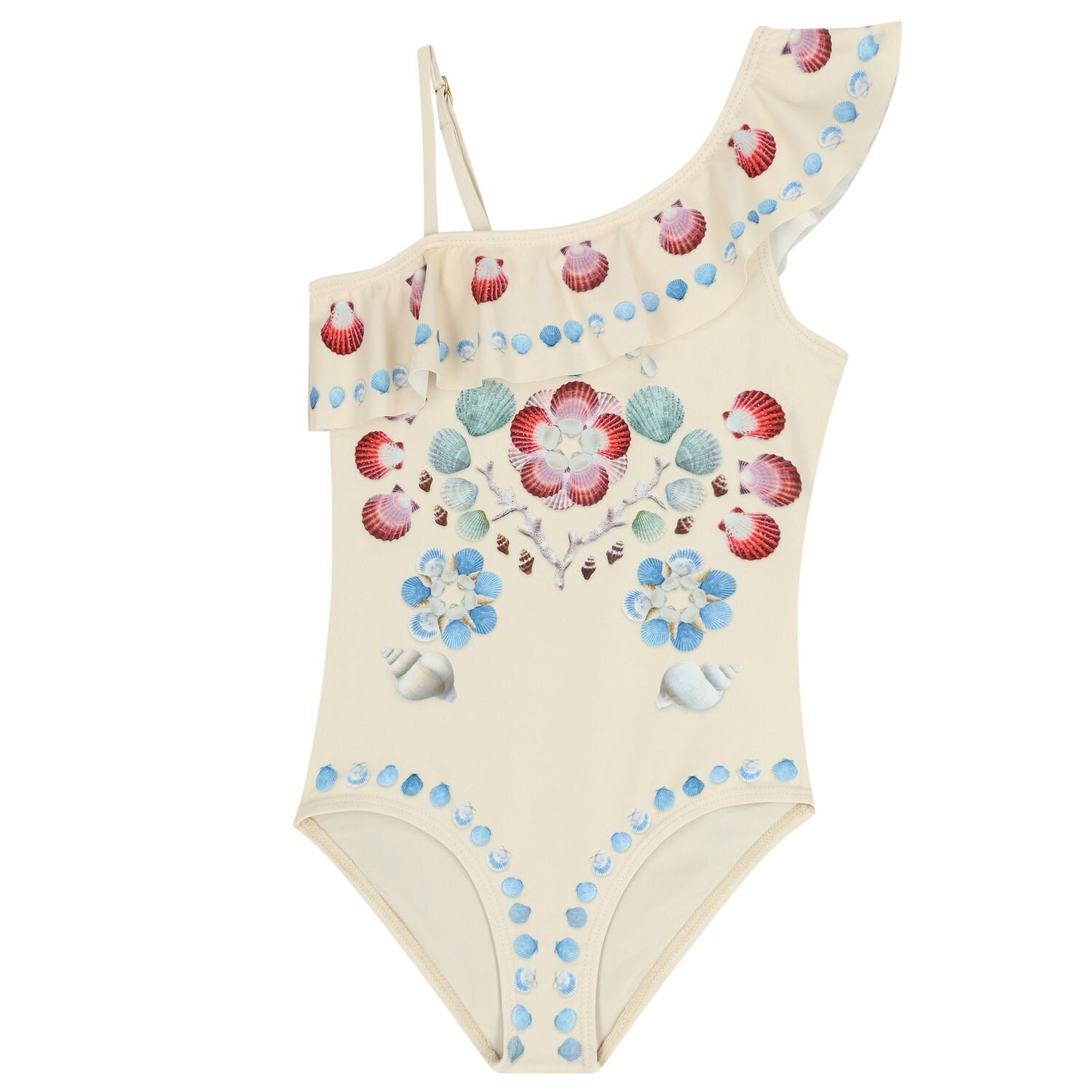 Girls Beige Shell Ruffled Swimsuit, 1, hi-res