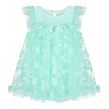 فستان بنات من التول المطرز باللون الاخضر 