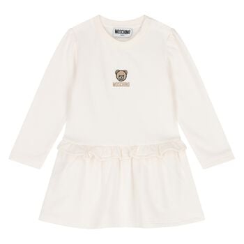 Younger Girls Ivory Teddy Bear Logo Dress