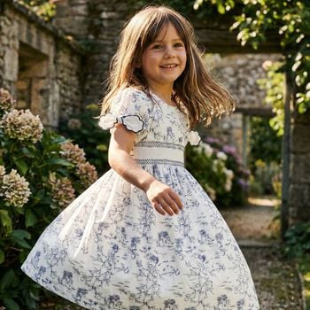 Girls White & Navy Blue Smocked Dress