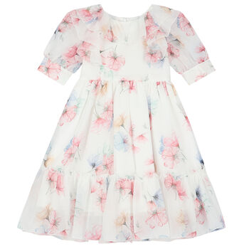 Girls White Floral Chiffon Dress