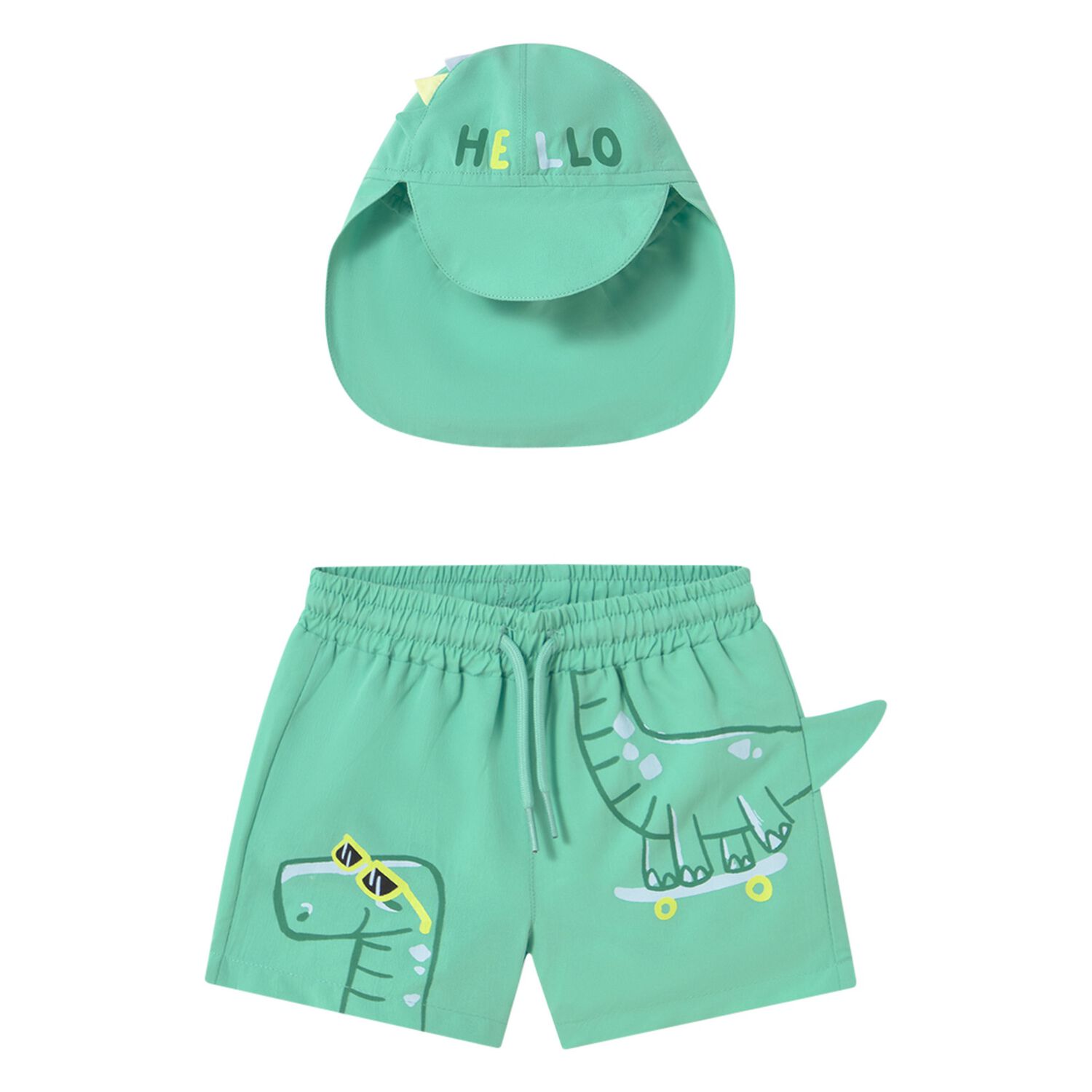 Younger Boys Aqua Dinosaur Swim Shorts & Hat Set, 1, hi-res