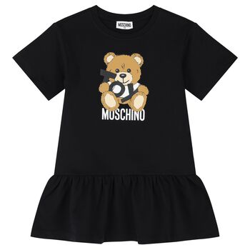 Girls Black Teddy Bear Logo Dress