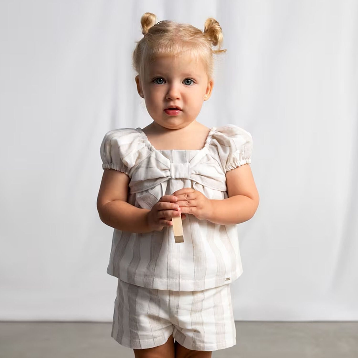 Younger Girls Beige & White Striped Shorts Set, 1, hi-res