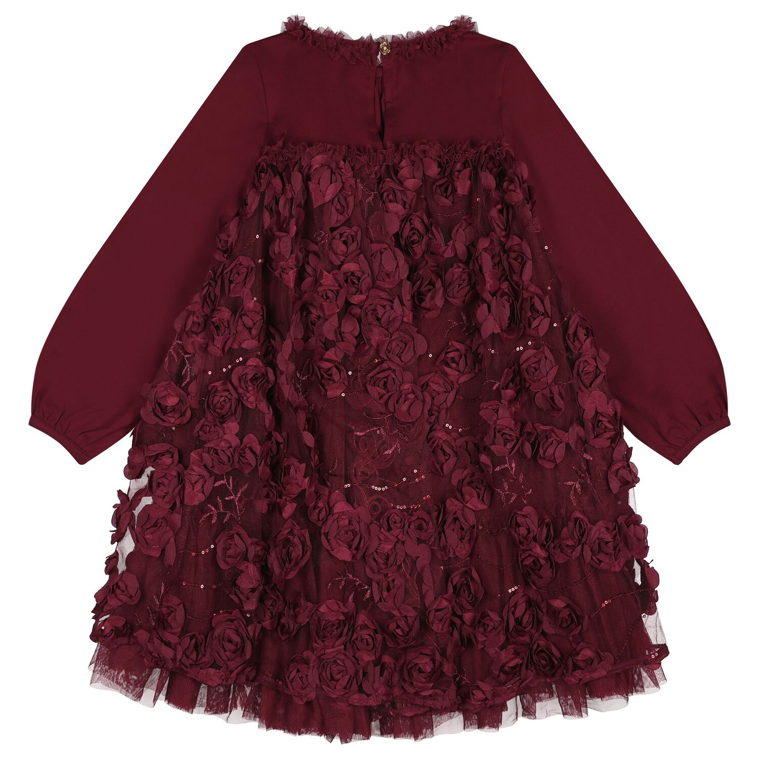 Girls Burgundy 3D Flower & Sequin Tulle Margot Dress, 1, hi-res