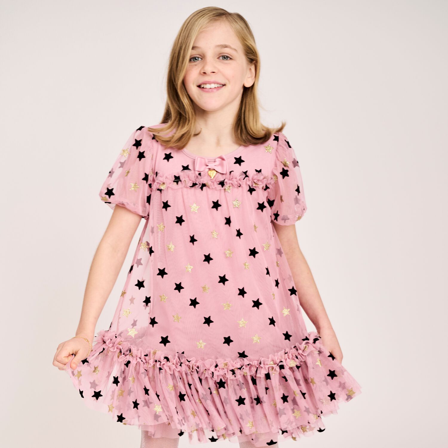 Girls Pink, Gold & Black Stars Tulle Dress, 1, hi-res