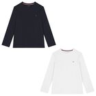 Boys White & Navy Blue Cotton Logo Long Sleeve Top( 2-Pack ), 1, hi-res