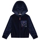 Girls Navy Blue Velvet Hooded Zip Up Top, 1, hi-res