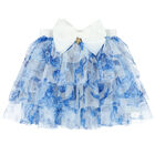 Girls White & Blue Floral Tulle Skirt, 1, hi-res