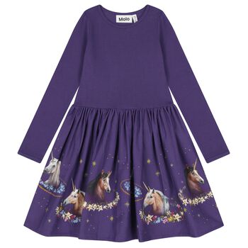Girls Purple Unicorn Long Sleeve Dress 
