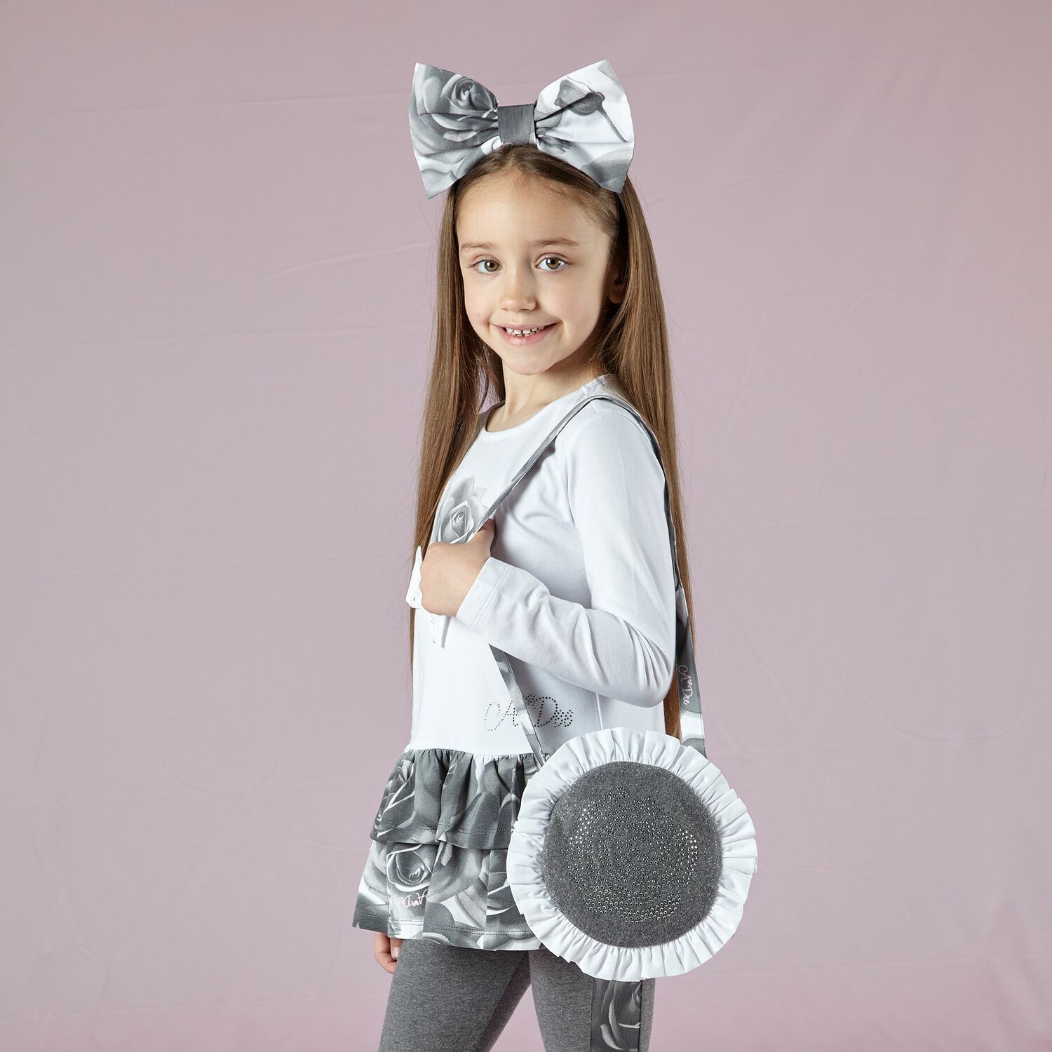 Girls Grey & White Rose Bag, 1, hi-res image number null