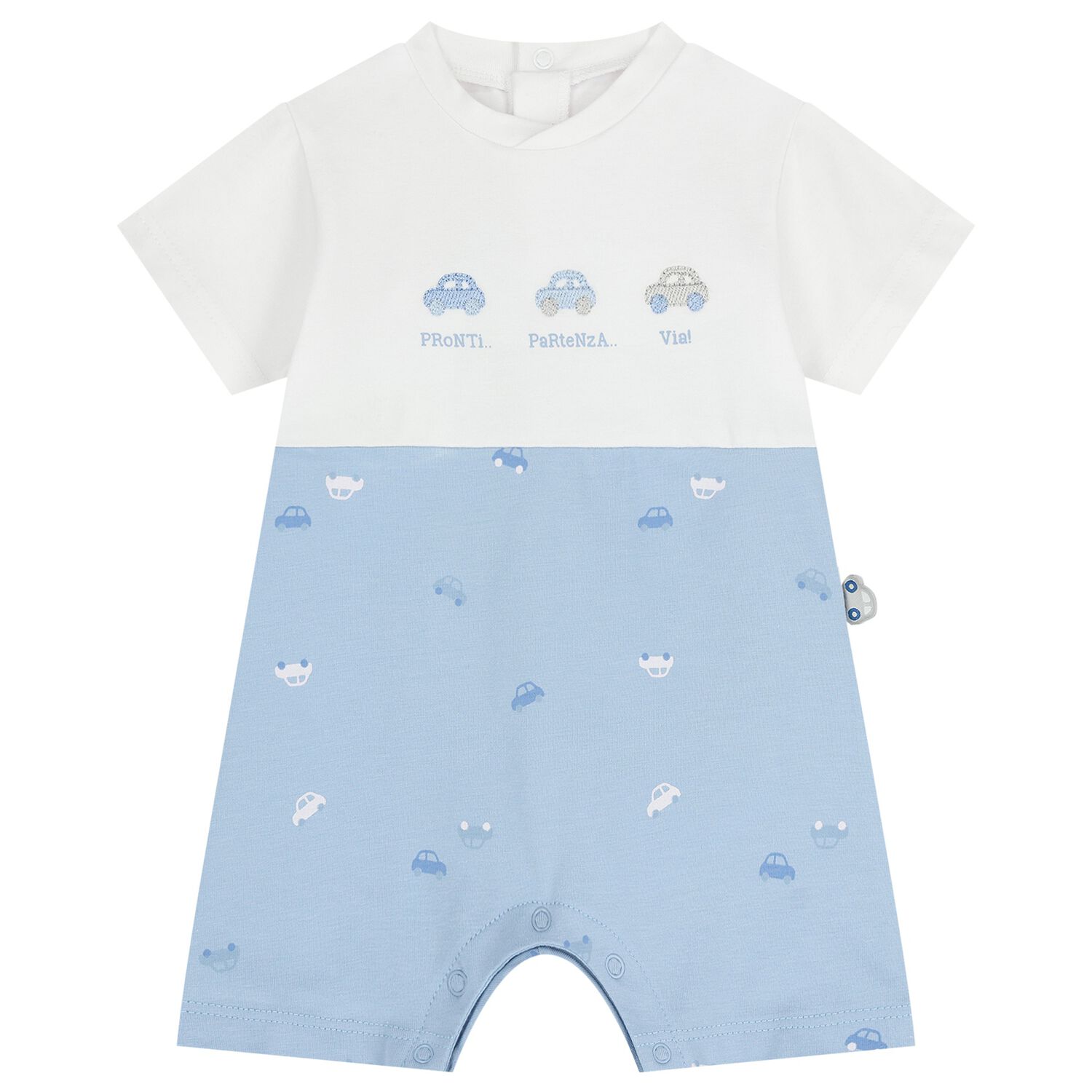 Baby Boys White & Blue Car Romper, 1, hi-res