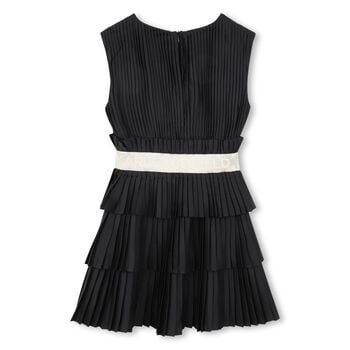 Girls Black Logo Pleated Satin Dress 
