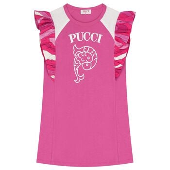 فستان لبلبنات باللون وردي وأبيض مكشكش بشعار