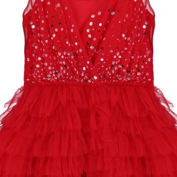 Girls Red Embellished Sequined Tulle Tiered Dress