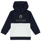 Boys Navy Blue & White Logo Hooded Top, 1, hi-res