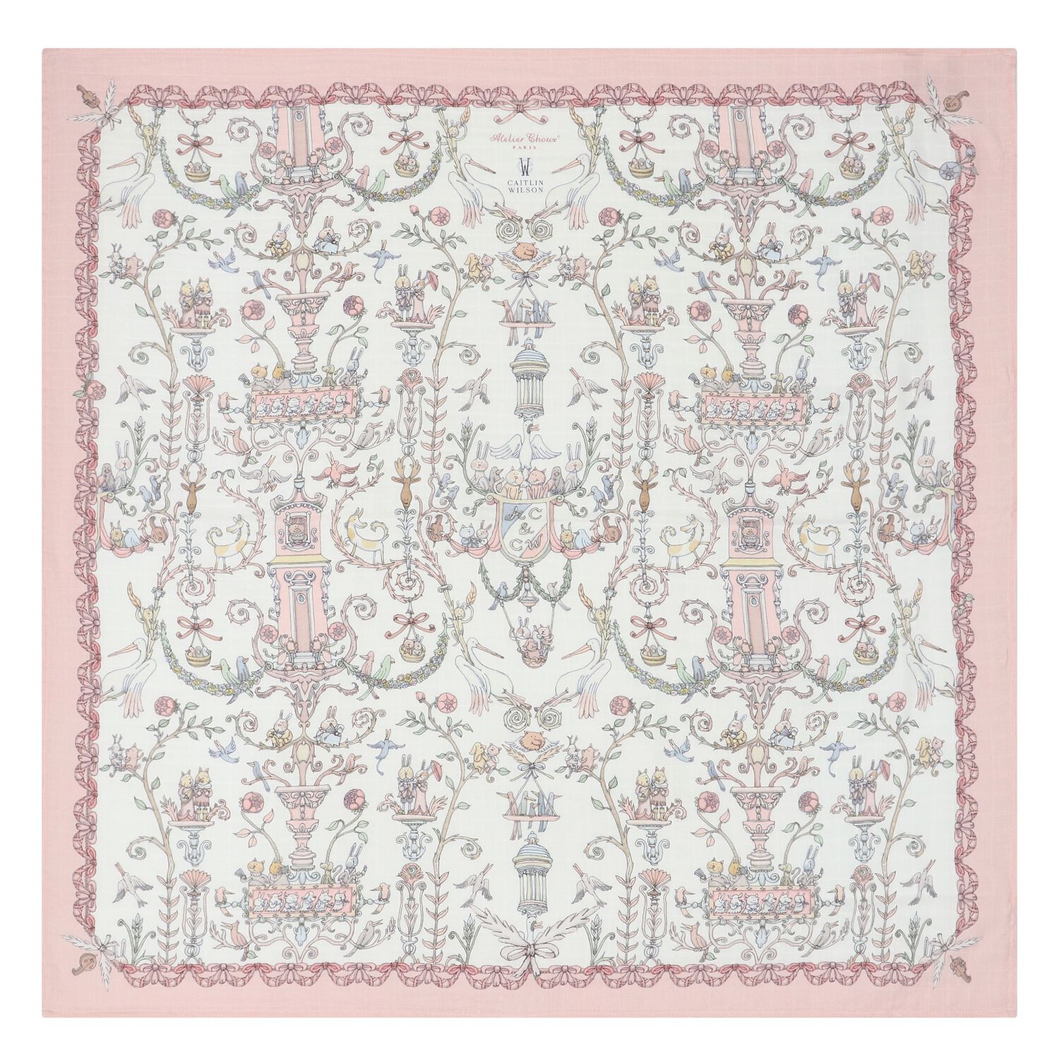 Ivory & Pink Toile de Jouy Swaddle Carré Blanket, 1, hi-res