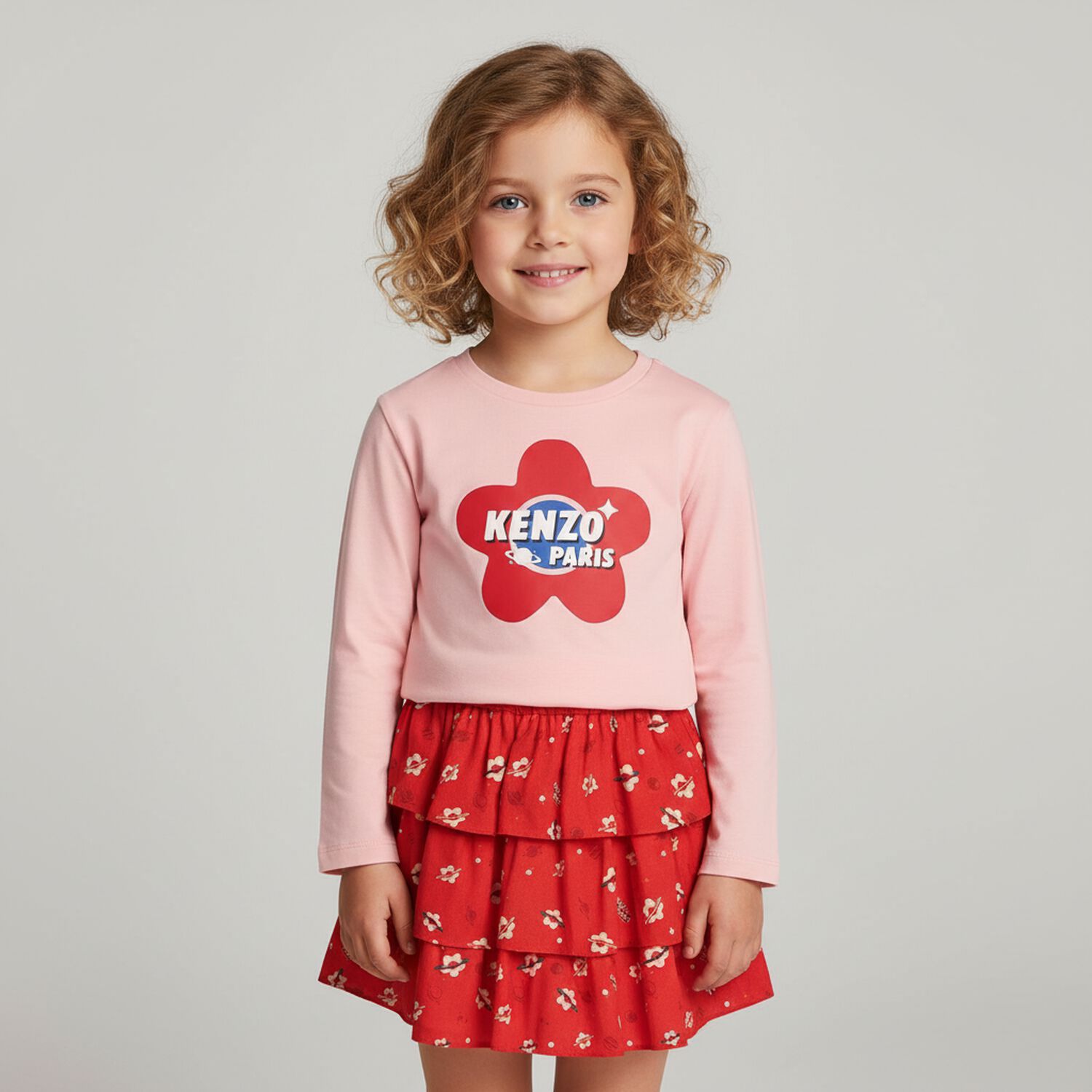 بلوزة بناتية بأكمام طويلة وشعار وردي, 1, hi-res