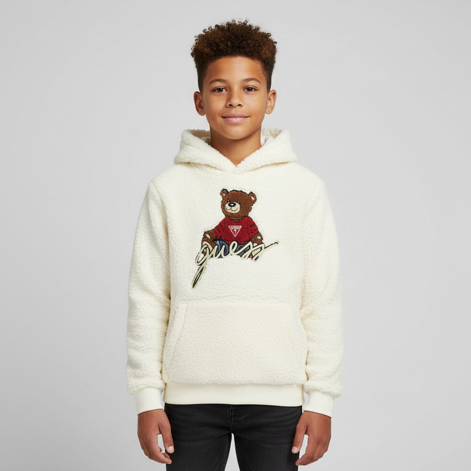 Ivory Teddy Bear Logo Sherpa Hooded Top, 1, hi-res