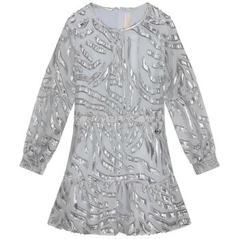 Girls Silver & White Chiffon Dress