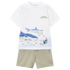 Boys White & Green Shark Shorts Set, 3, hi-res
