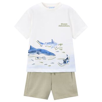 Boys White & Green Shark Shorts Set