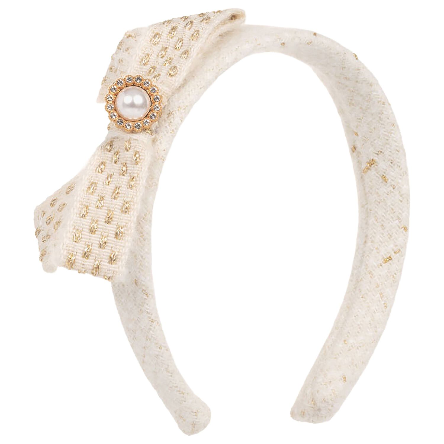 Girls Ivory & Gold Tweed Headband, 1, hi-res