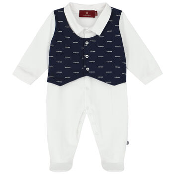 Baby Boys Navy Blue & White Logo Babygrow