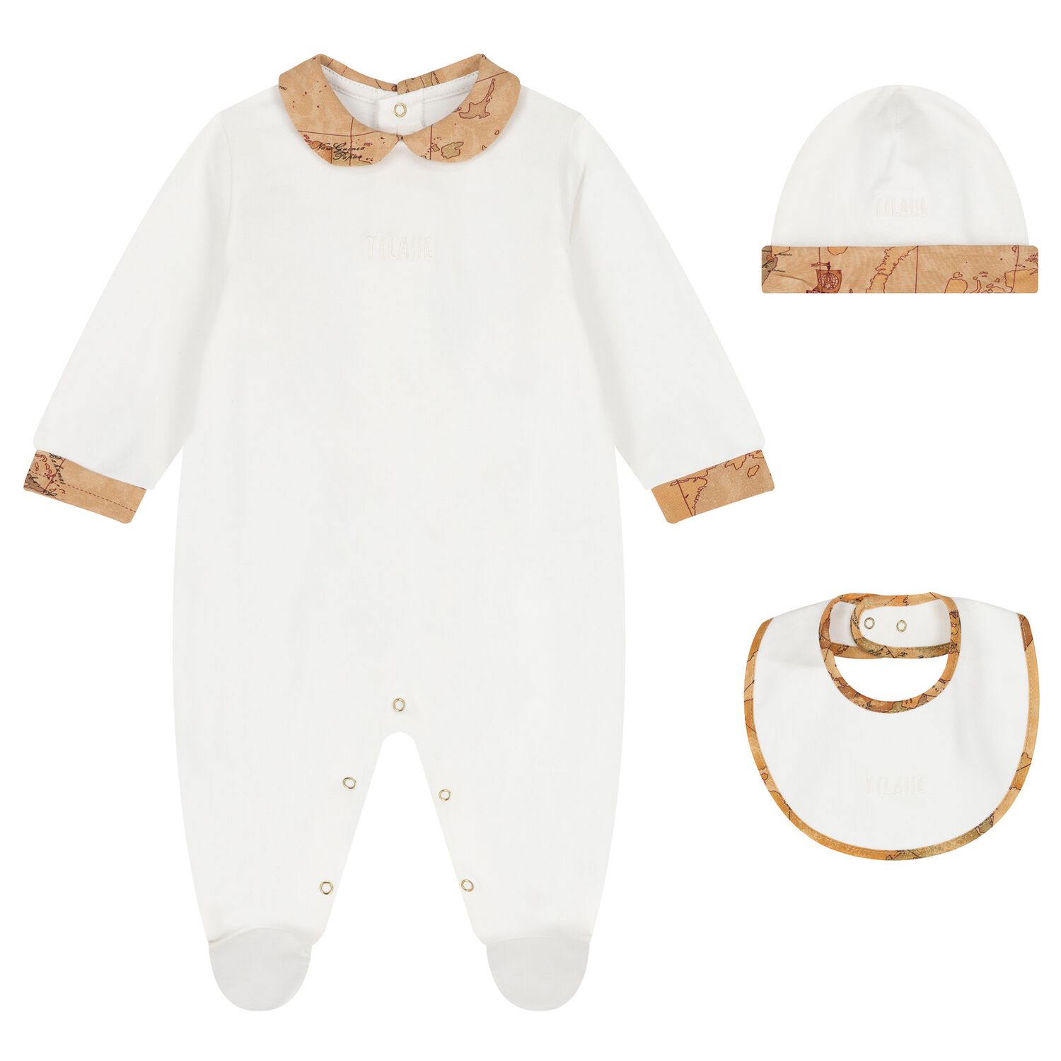 مجموعة هدايا ملابس الأطفال بنقشة خريطة جغرافية باللونين الأبيض والبيج, 3, hi-res