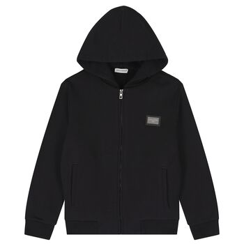 Black Logo Hooded Zip Up Top