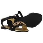 Girls Black & Gold Leather Logo Sandals, 1, hi-res