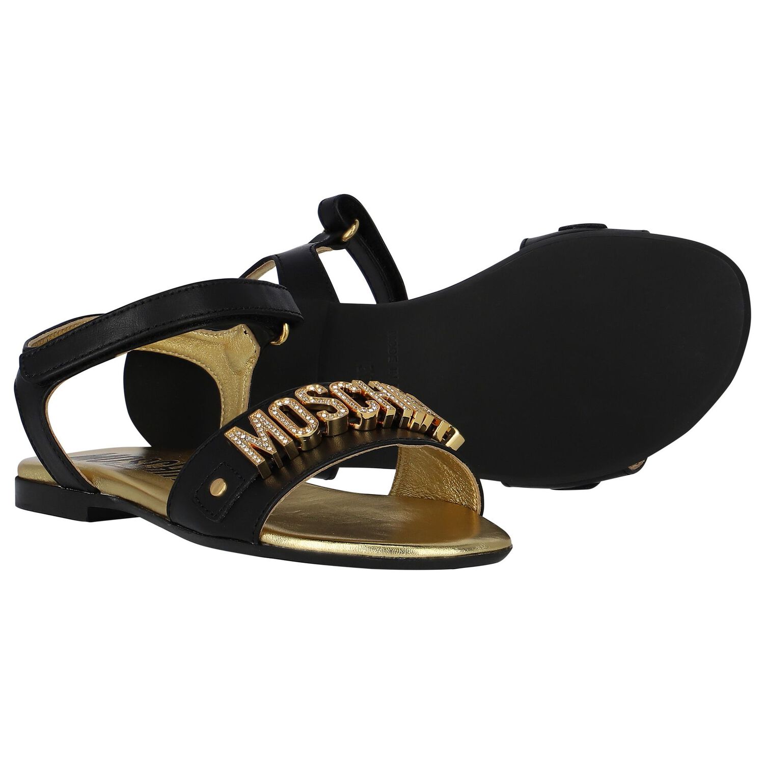 Girls Black & Gold Leather Logo Sandals, 1, hi-res