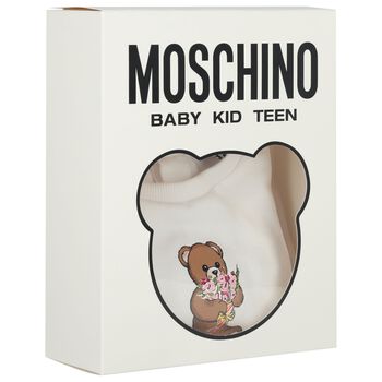 فستان بنات مكشكش بشعار الدب تيدي باللون الأبيض