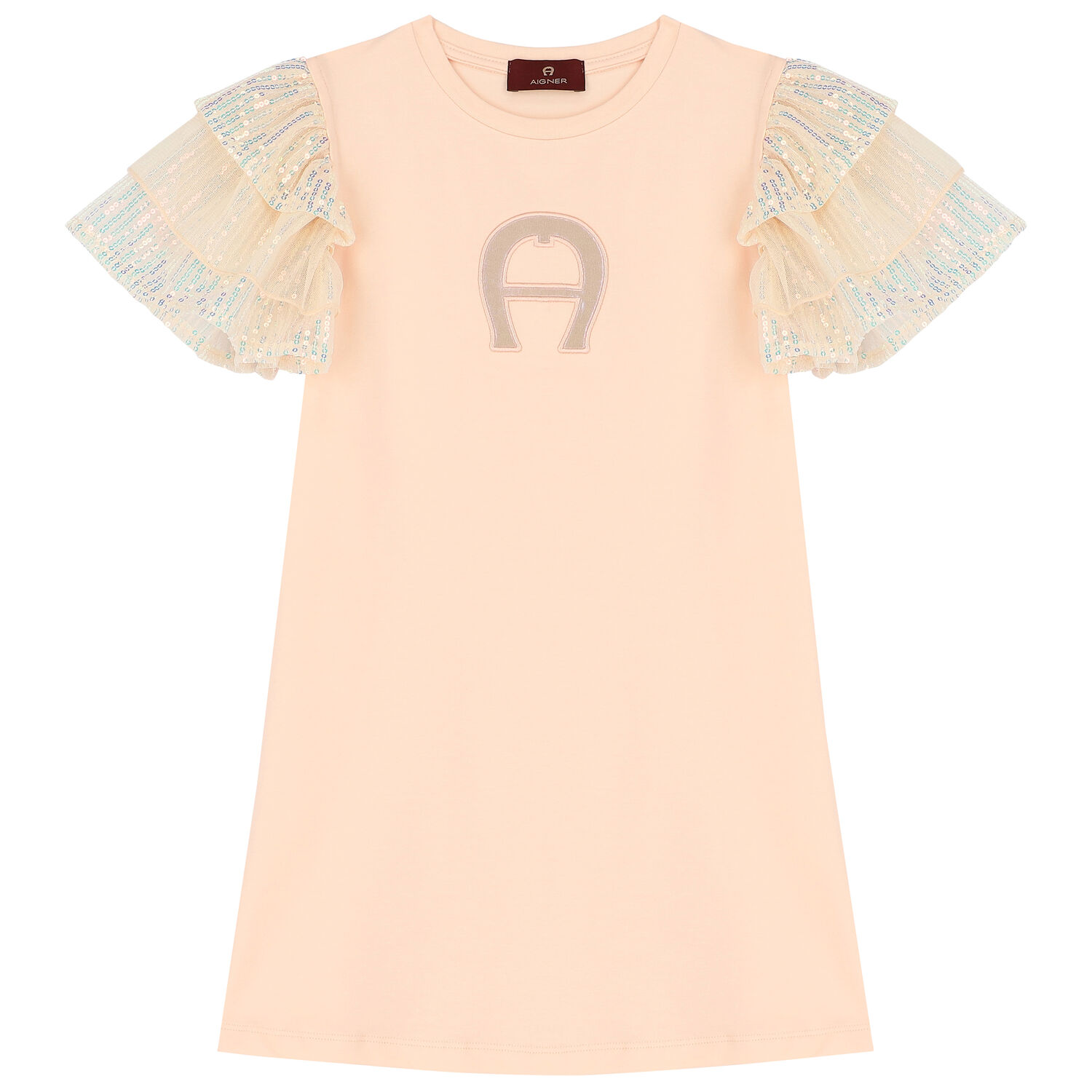 فستان بالشعار مطرز بالترتر باللون الوردي, 1, hi-res