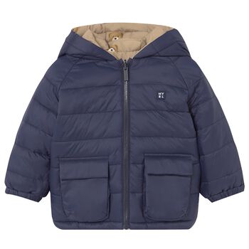 Younger Boys Navy Blue & Beige Reversible Puffer Jacket