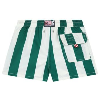 Boys Green & White Logo Striped Swim Shorts
