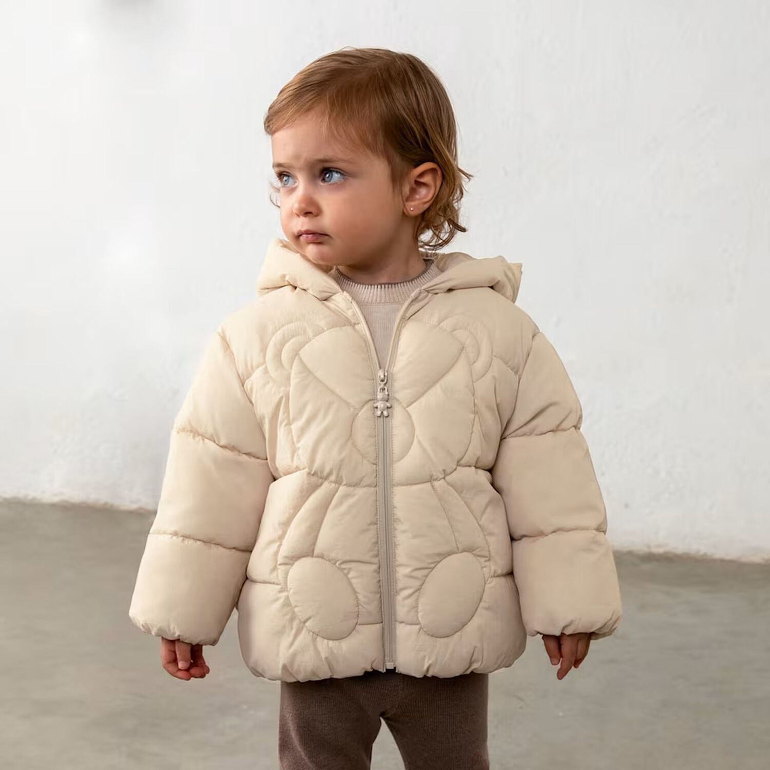 Younger Girls Beige Teddy Bear Puffer Jacket, 2, hi-res