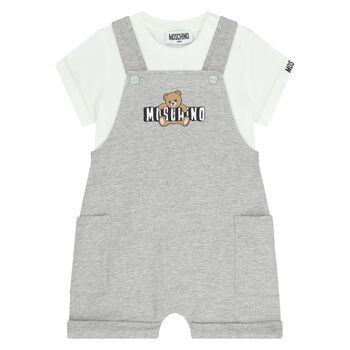 Younger Grey & White Teddy Bear Logo Dungaree Set