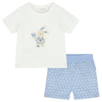 Baby Boys White & Blue Bunny Shorts Set