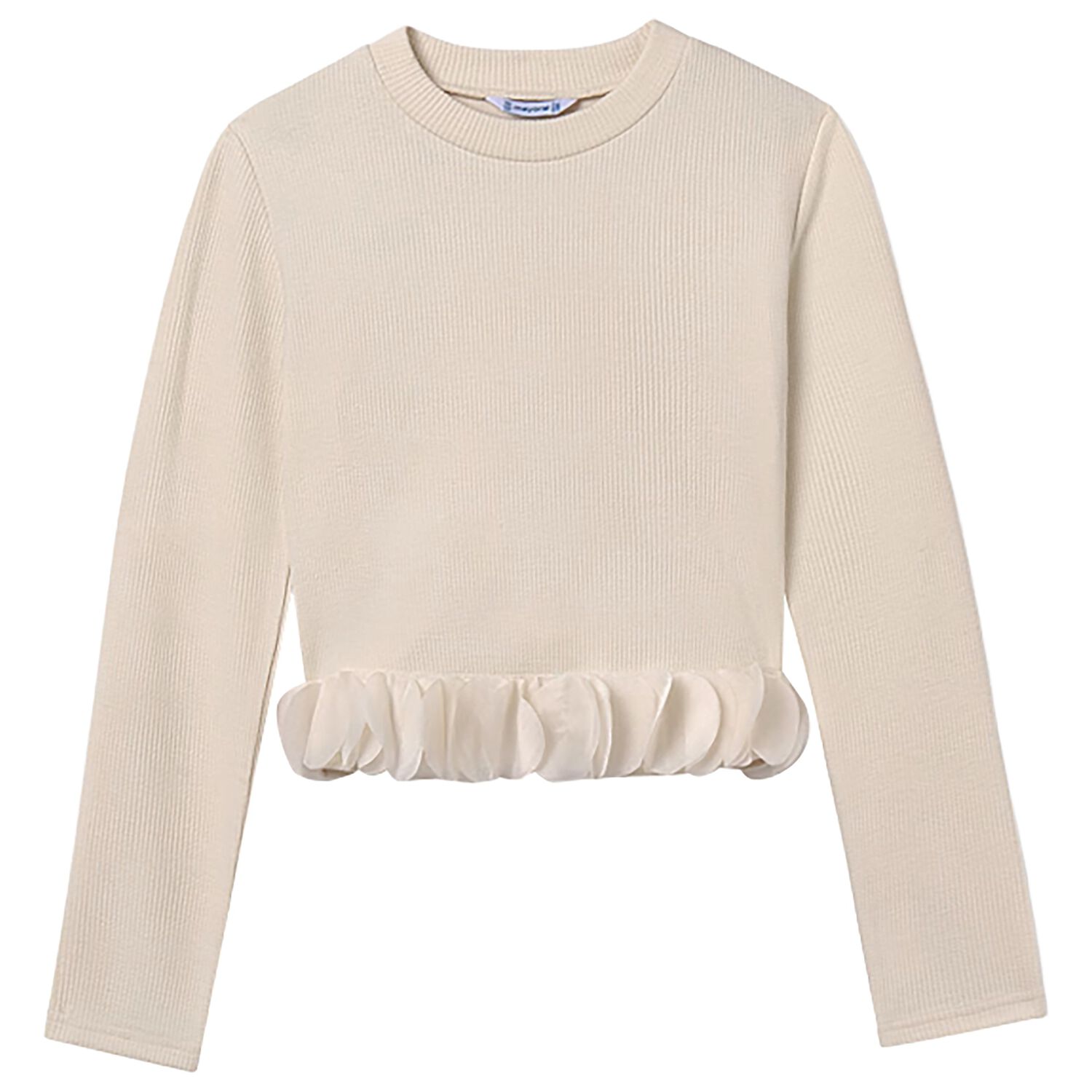 Girls Beige Ribbed Long Sleeve Top, 1, hi-res