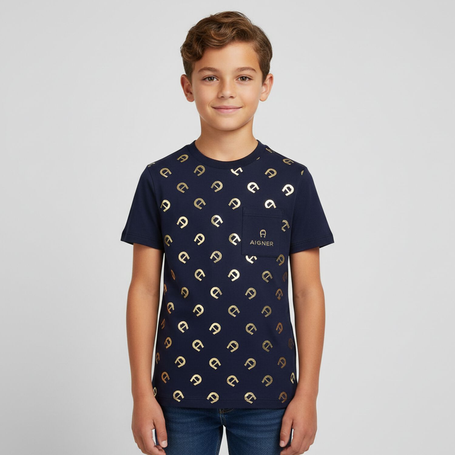 Boys Navy Blue & Gold Logo T-Shirt, 2, hi-res