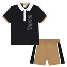 Baby Boys Black & Beige Polo & Shorts Set, 1, hi-res