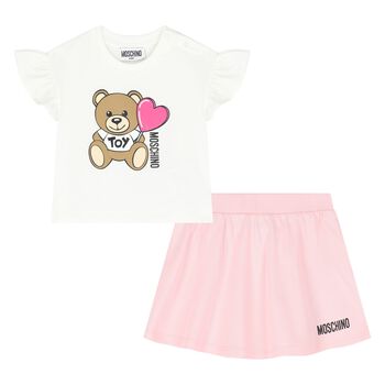 Younger Girls Ivory & Pink Teddy Bear Skirt Set