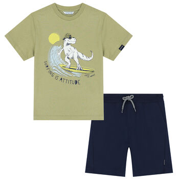Boys Green & Navy Dinosaur Shorts Set