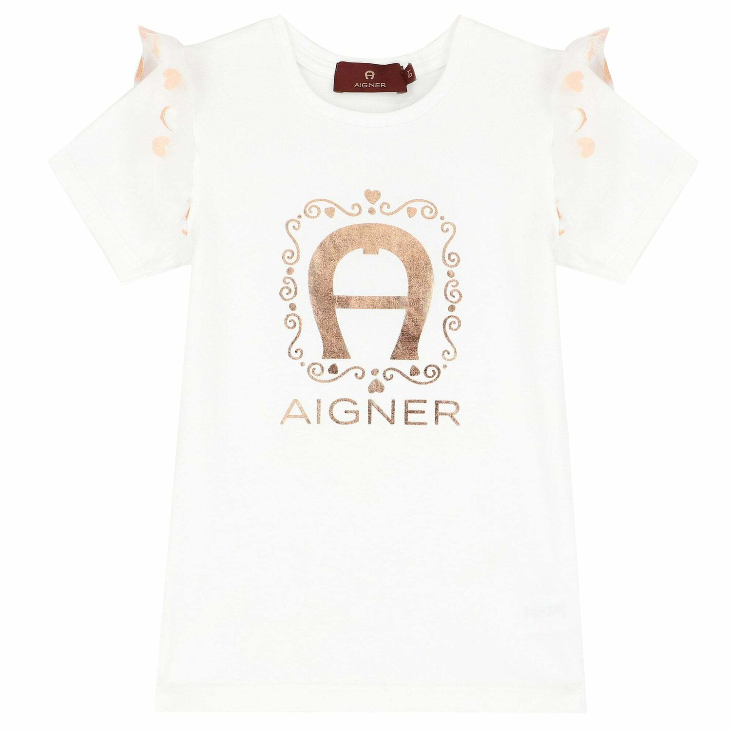 تيشيرت بالشعار باللون الابيض والذهبى للبنات, 2, hi-res