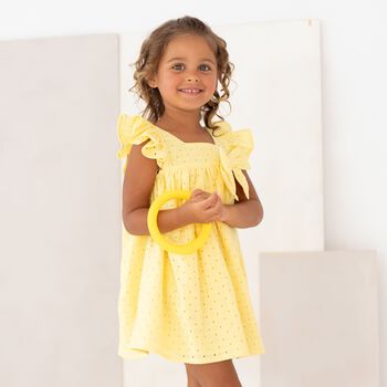 Girls Yellow Broderie Anglaise Dress, 1 Girls Yellow Broderie Anglaise Dress