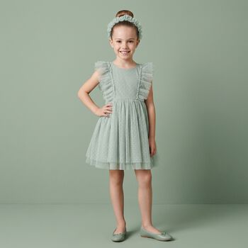 طقم فستان تول أخضر للبنات الصغيرات