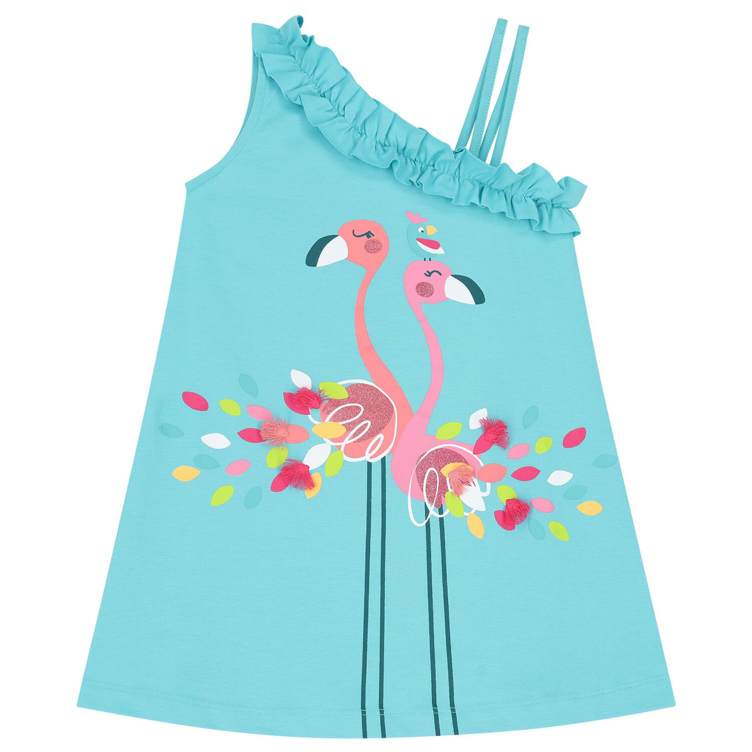 Girls Turquoise Flamingo Dress, 1, hi-res