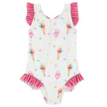 Girls White & Pink Ice Cream Swimsuit